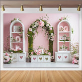 Lofaris Toile de fond de photographie florale avec arche de roses et cœurs, mur rose, décor romantique pour studio photo et séance de portrait