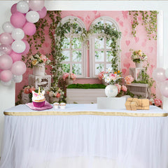 Lofaris Toile de fond de photographie de jardin fleuri avec mur rose et fenêtres arquées, magnifique arrière-plan printanier pour studio photo