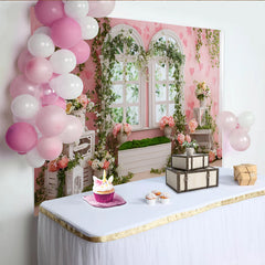 Lofaris Toile de fond de photographie de jardin fleuri avec mur rose et fenêtres arquées, magnifique arrière-plan printanier pour studio photo