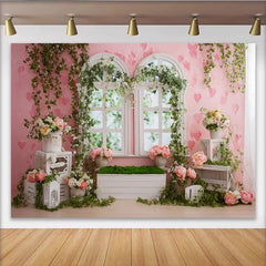 Lofaris Toile de fond de photographie de jardin fleuri avec mur rose et fenêtres arquées, magnifique arrière-plan printanier pour studio photo