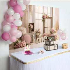Lofaris Toile de fond bohème pour 1er anniversaire fille avec roses et macramé, décor de fête rustique pour séance photo