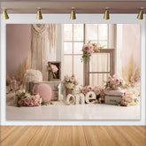 Lofaris Toile de fond bohème pour 1er anniversaire fille avec roses et macramé, décor de fête rustique pour séance photo