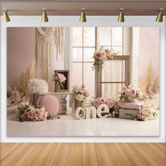 Lofaris Toile de fond bohème pour 1er anniversaire fille avec roses et macramé, décor de fête rustique pour séance photo