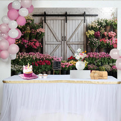 Lofaris Toile de fond de photographie marché aux fleurs rustique avec porte de grange, magnifique arrière-plan floral pour studio photo
