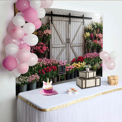 Lofaris Toile de fond de photographie marché aux fleurs rustique avec porte de grange, magnifique arrière-plan floral pour studio photo