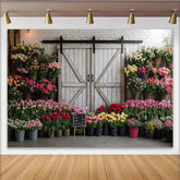 Lofaris Toile de fond de photographie marché aux fleurs rustique avec porte de grange, magnifique arrière-plan floral pour studio photo