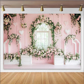 Lofaris Toile de fond rose poudré avec roses et fenêtre arquée pour photographie florale, élégant décor romantique avec cœurs pour studio photo