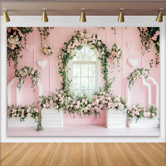 Lofaris Toile de fond rose poudré avec roses et fenêtre arquée pour photographie florale, élégant décor romantique avec cœurs pour studio photo