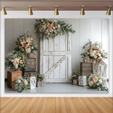 Lofaris Toile de fond de photographie rustique florale avec porte en bois blanche, élégant arrière-plan pour mariage ou séance photo