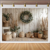 Lofaris Toile de fond de photographie rustique en bois blanc vieilli avec couronne d'eucalyptus, arrière-plan naturel bohème pour studio