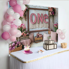 Lofaris Toile de fond florale rose pour 1er anniversaire avec lettres ONE, décor rustique pour séance photo de bébé