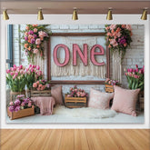 Lofaris Toile de fond florale rose pour 1er anniversaire avec lettres ONE, décor rustique pour séance photo de bébé