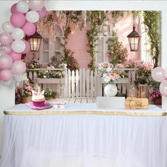 Lofaris Toile de fond de photographie jardin romantique avec fleurs roses et clôture blanche, élégant décor floral pour studio photo
