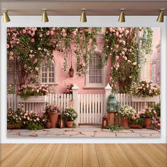 Lofaris Toile de fond de photographie de jardin fleuri, maison rose et roses, élégant arrière-plan printanier pour studio photo et décoration