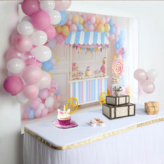 Lofaris Toile de fond anniversaire bonbons pastel avec chariot et ballons, magnifique décor pour fête d'enfants et séance photo