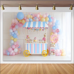 Lofaris Toile de fond anniversaire bonbons pastel avec chariot et ballons, magnifique décor pour fête d'enfants et séance photo