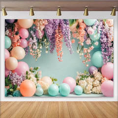 Lofaris Toile de fond de photographie élégante avec fleurs et ballons pastel, arrière-plan printanier pour studio photo et fête