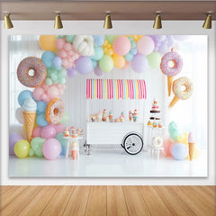 Lofaris Toile de fond anniversaire douceurs pastel avec ballons et donuts, magnifique décor de fête pour enfants et séance photo