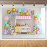 Lofaris Toile de fond pour anniversaire avec chariot de douceurs et ballons pastel, décor festif pour séance photo
