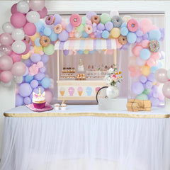 Lofaris Toile de fond anniversaire ballons et donuts pastel colorés, magnifique décor de fête doux pour studio photo et célébrations