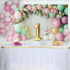 Lofaris: Toile de fond 1er anniversaire avec ballons pastel rose vert menthe et fleurs, élégant décor de fête pour séance photo