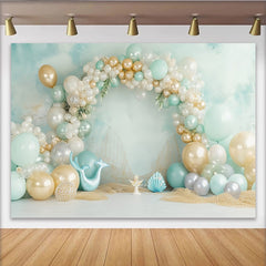 Lofaris Toile de fond pour baby shower sirène avec ballons menthe et or, magnifique décor sous-marin pour séance photo de fête