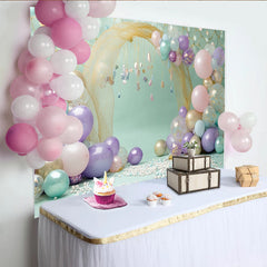Lofaris Toile de fond pour anniversaire sirène avec ballons pastel et filet doré, magnifique décor de fête thème océan pour studio photo