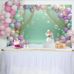 Lofaris Toile de fond anniversaire sirène avec ballons pastel et filet doré, magnifique décor de fête pour enfants avec gâteau et bulles