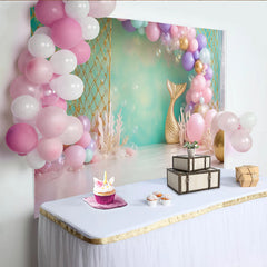 Lofaris Toile de fond anniversaire sirène avec queue dorée et ballons pastel, magnifique décor sous-marin pour séance photo de fille