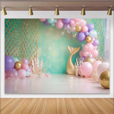 Lofaris Toile de fond anniversaire sirène avec queue dorée et ballons pastel, magnifique décor sous-marin pour séance photo de fille