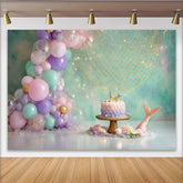Lofaris Toile de fond sirène pastel pour anniversaire avec ballons et filet de pêche, décor de fête sous-marin pour séance photo smash cake