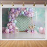 Lofaris Toile de fond pour anniversaire sirène avec ballons pastel et filet, décor féerique pour séance photo
