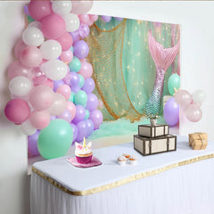 Lofaris Toile de fond pour anniversaire sirène avec ballons pastel et filet de pêche, décor féerique pour fête d enfant