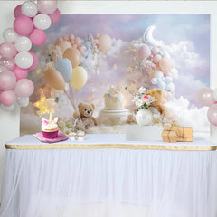 Lofaris Toile de fond pour 1er anniversaire ours en peluche lune et étoiles, décor de fête avec ballons pastel et nuages doux pour bébé