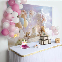 Lofaris Toile de fond pour 1er anniversaire ours en peluche lune et étoiles, décor de fête avec ballons pastel et nuages doux pour bébé