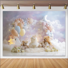 Lofaris Toile de fond pour 1er anniversaire ours en peluche lune et étoiles, décor de fête avec ballons pastel et nuages doux pour bébé