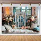 Lofaris Toile de fond de photographie florale bohème avec fenêtre et macramé, élégant décor de studio pour portrait et séance photo