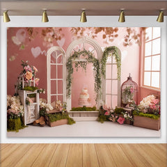 Lofaris Toile de fond rose florale pour anniversaire avec fenêtres arquées, décor romantique et élégant pour studio photo