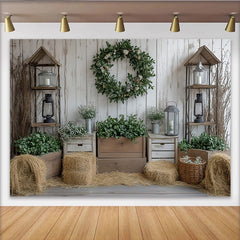 Lofaris Toile de fond de photographie rustique avec mur en bois et verdure, élégant arrière-plan de ferme pour studio photo
