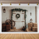 Lofaris Toile de fond de photographie rustique avec porte de grange, arrière-plan de studio photo avec mur de briques et foin