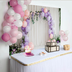 Lofaris Toile de fond anniversaire fleurs et papillons avec ballons roses et lavande, magnifique décor de fête pour fille et séance photo