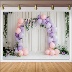 Lofaris Toile de fond anniversaire fleurs et papillons avec ballons roses et lavande, magnifique décor de fête pour fille et séance photo