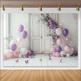Lofaris Toile de fond pour anniversaire avec fleurs violettes et ballons, décor romantique pour séance photo
