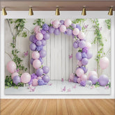Lofaris Toile de fond anniversaire fille avec ballons roses et violets, décor de fête pastel avec papillons pour studio photo