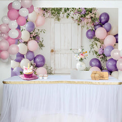 Lofaris Toile de fond pour baby shower porte en bois avec ballons lilas et roses, élégant décor floral pour photographie de fête