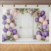 Lofaris Toile de fond pour baby shower porte en bois avec ballons lilas et roses, élégant décor floral pour photographie de fête