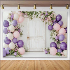 Lofaris Toile de fond pour baby shower porte en bois avec ballons lilas et roses, élégant décor floral pour photographie de fête