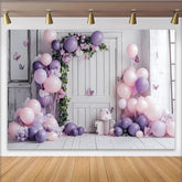 Lofaris Toile de fond pour anniversaire avec ballons violets et roses, élégant décor floral avec papillons pour séance photo