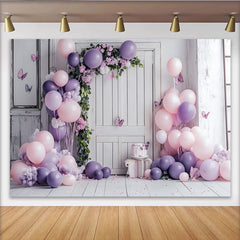 Lofaris Toile de fond pour anniversaire avec ballons violets et roses, élégant décor floral avec papillons pour séance photo