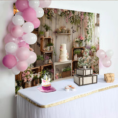 Lofaris Toile de fond anniversaire floral rose et blanc pour fille, décoration de fête rustique avec gâteau pour studio photo